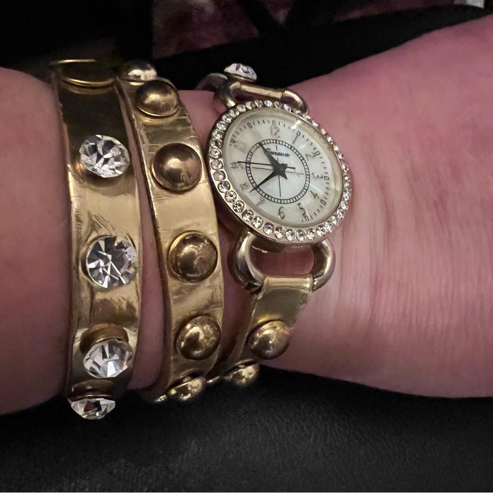 Gold Wrap Watch w/ Rhinestones & Mother of Pearl Face - Snap Button Close